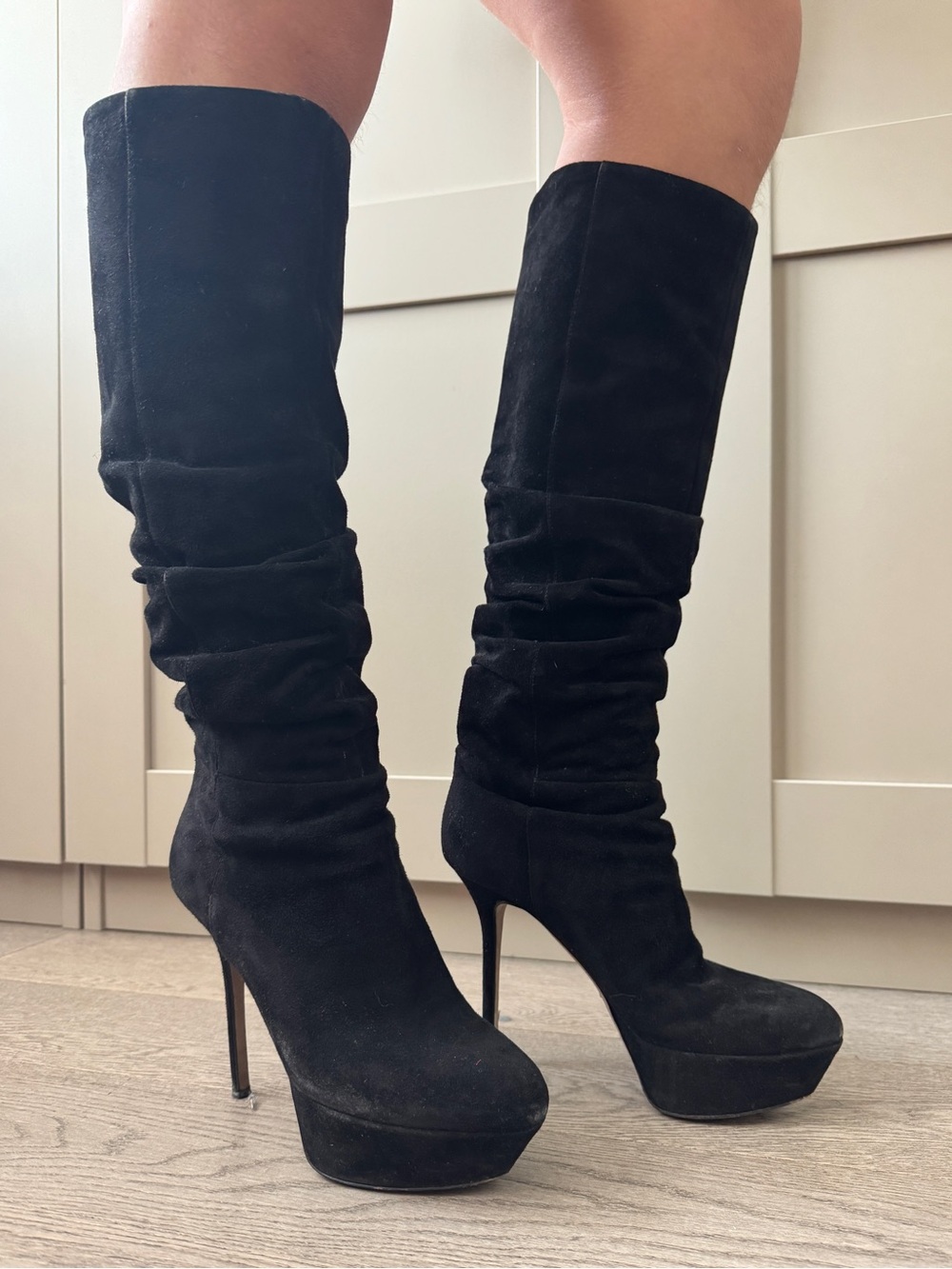 Sergio Rossi Boots Ruched Black Suede Leather Knee High Stiletto Platform Pumps